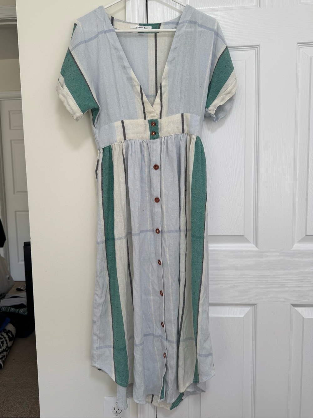 O’Neil Light Blue & Green Striped Button-Front Midi Dress